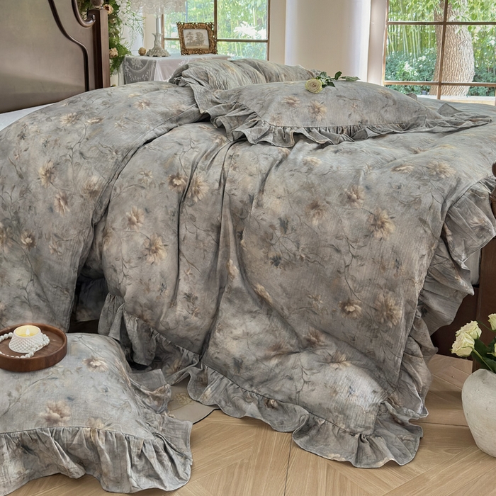 91家纺网 家纺一手货源 找家纺 木楌家居2025新款法式油画风全棉双层皱皱纱四件套 山茶漫野