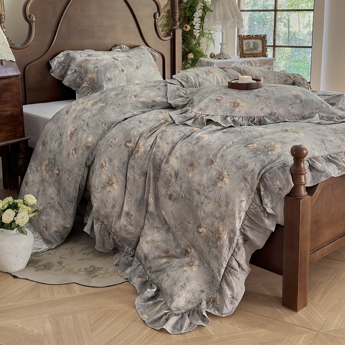 91家纺网 家纺一手货源 找家纺 木楌家居2025新款法式油画风全棉双层皱皱纱四件套 山茶漫野