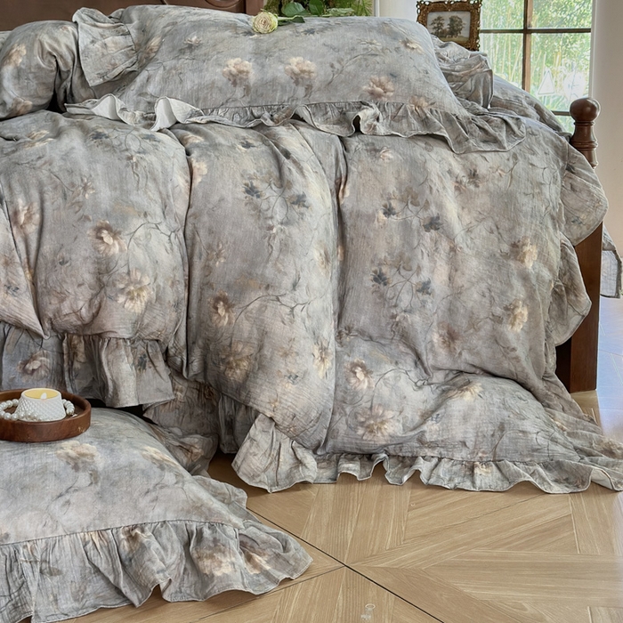 91家纺网 家纺一手货源 找家纺 木楌家居2025新款法式油画风全棉双层皱皱纱四件套 山茶漫野