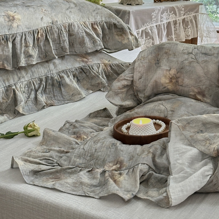 91家纺网 家纺一手货源 找家纺 木楌家居2025新款法式油画风全棉双层皱皱纱四件套 山茶漫野