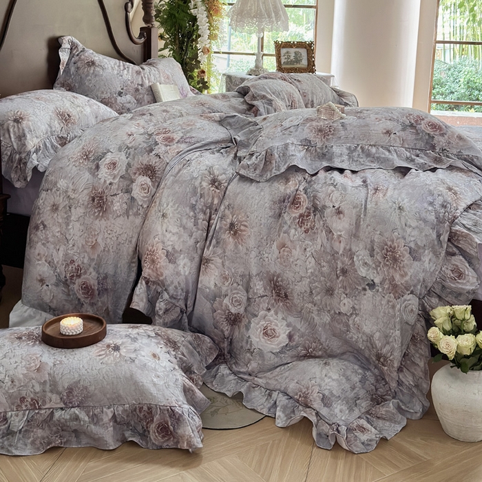 91家纺网 家纺一手货源 找家纺 木楌家居2025新款法式油画风全棉双层皱皱纱四件套 山谷幽