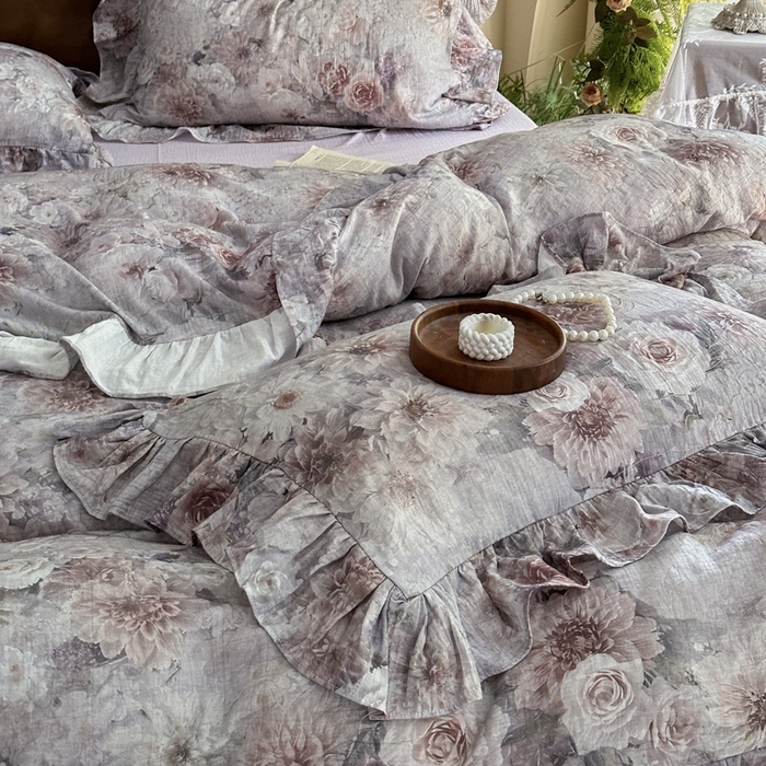 91家纺网 家纺一手货源 找家纺 木楌家居2025新款法式油画风全棉双层皱皱纱四件套 山谷幽