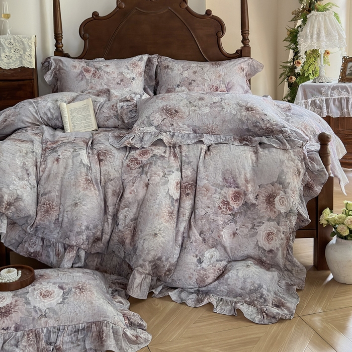 木楌家居2025新款法式油画风全棉双层皱皱纱四件套 山谷幽