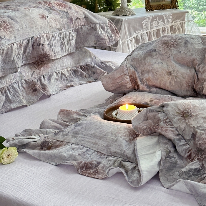 91家纺网 家纺一手货源 找家纺 木楌家居2025新款法式油画风全棉双层皱皱纱四件套 山谷幽