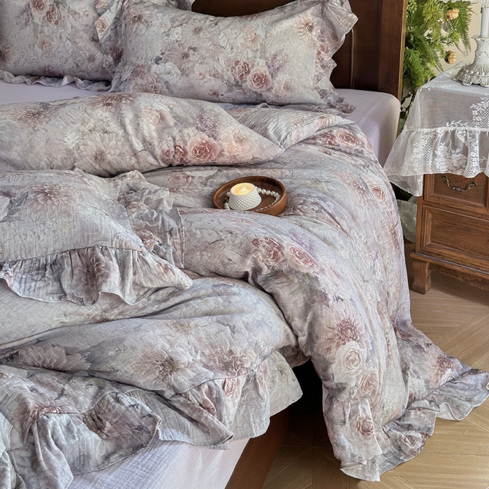 91家纺网 家纺一手货源 找家纺 木楌家居2025新款法式油画风全棉双层皱皱纱四件套 山谷幽