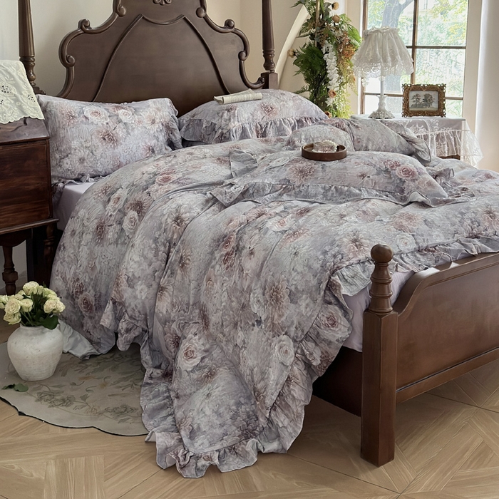 91家纺网 家纺一手货源 找家纺 木楌家居2025新款法式油画风全棉双层皱皱纱四件套 山谷幽