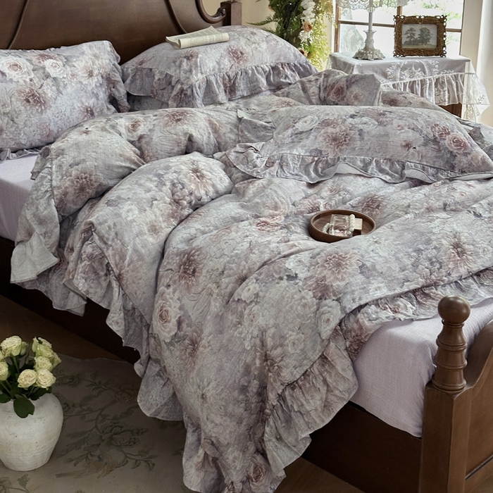 91家纺网 家纺一手货源 找家纺 木楌家居2025新款法式油画风全棉双层皱皱纱四件套 山谷幽