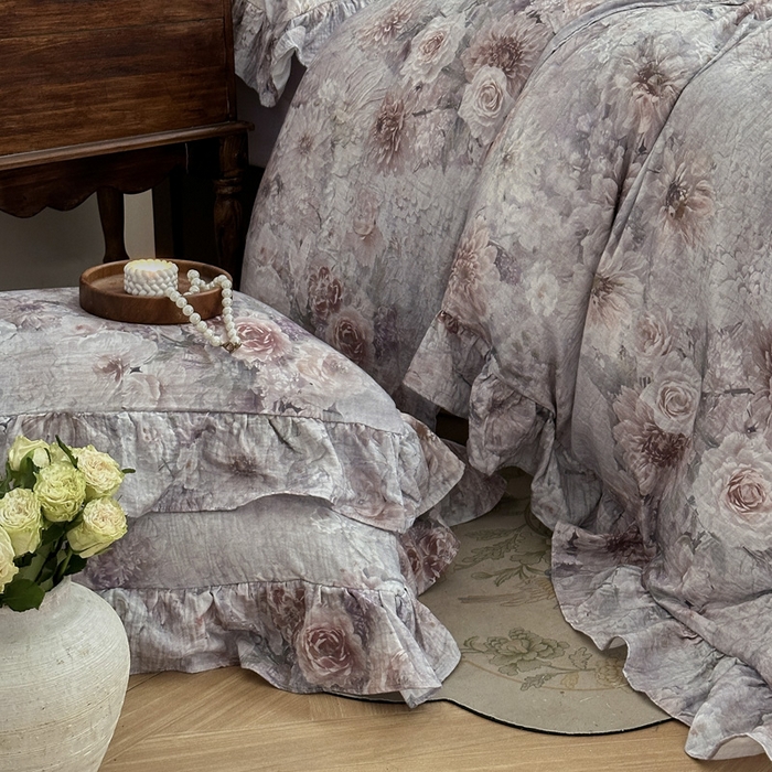 91家纺网 家纺一手货源 找家纺 木楌家居2025新款法式油画风全棉双层皱皱纱四件套 山谷幽