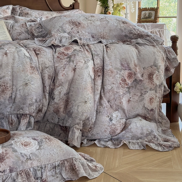 91家纺网 家纺一手货源 找家纺 木楌家居2025新款法式油画风全棉双层皱皱纱四件套 山谷幽