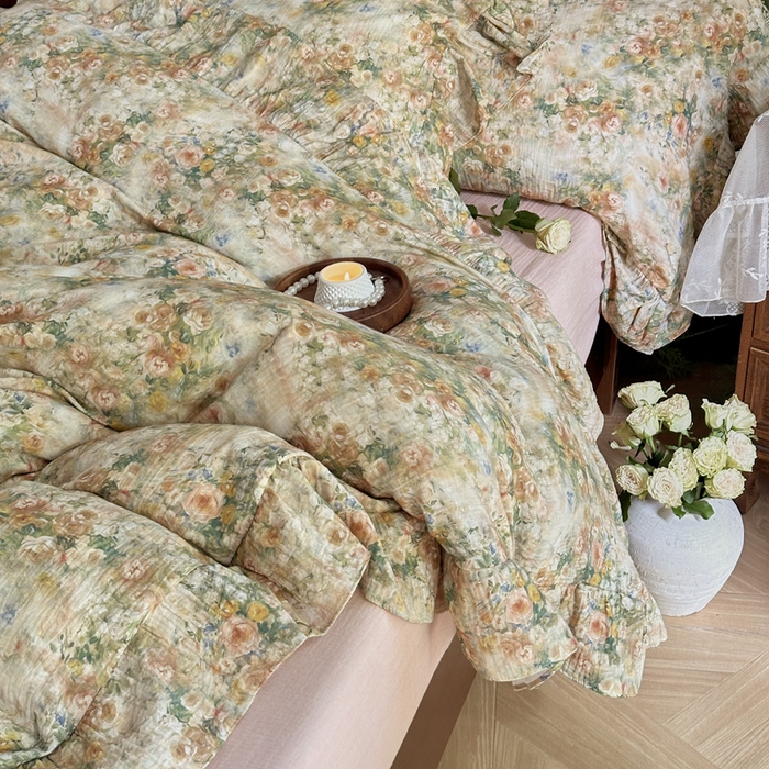 91家纺网 家纺一手货源 找家纺 木楌家居2025新款法式油画风全棉双层皱皱纱四件套 忘野集