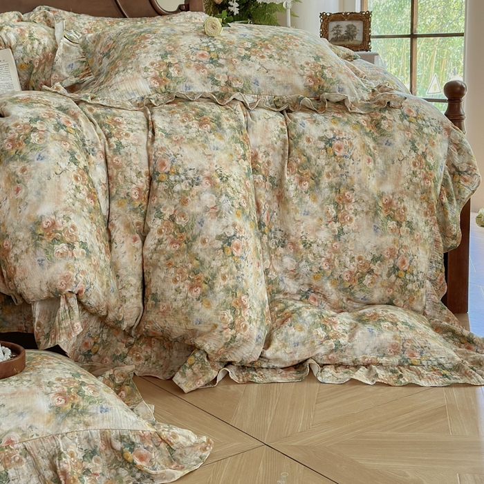 91家纺网 家纺一手货源 找家纺 木楌家居2025新款法式油画风全棉双层皱皱纱四件套 忘野集