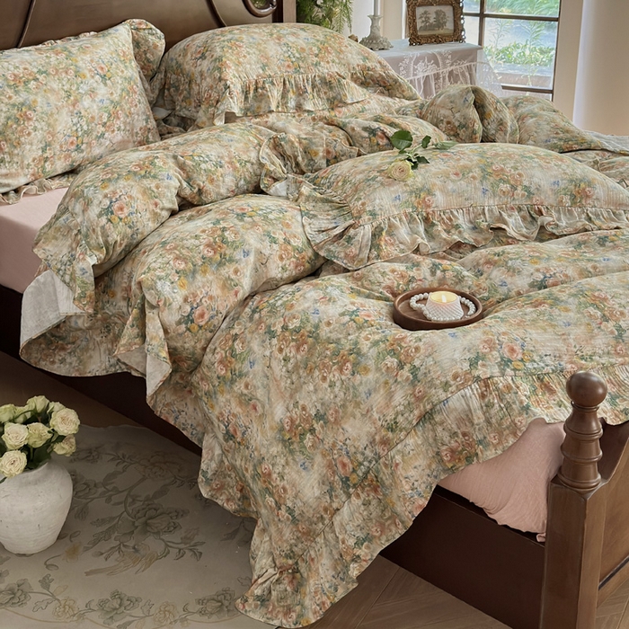 91家纺网 家纺一手货源 找家纺 木楌家居2025新款法式油画风全棉双层皱皱纱四件套 忘野集