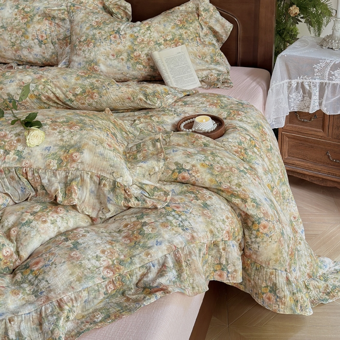 91家纺网 家纺一手货源 找家纺 木楌家居2025新款法式油画风全棉双层皱皱纱四件套 忘野集