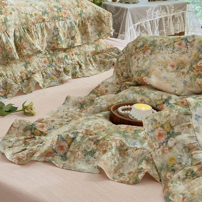 91家纺网 家纺一手货源 找家纺 木楌家居2025新款法式油画风全棉双层皱皱纱四件套 忘野集