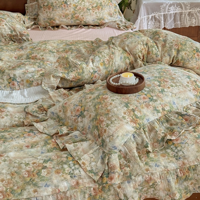 91家纺网 家纺一手货源 找家纺 木楌家居2025新款法式油画风全棉双层皱皱纱四件套 忘野集