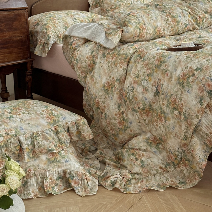 91家纺网 家纺一手货源 找家纺 木楌家居2025新款法式油画风全棉双层皱皱纱四件套 忘野集