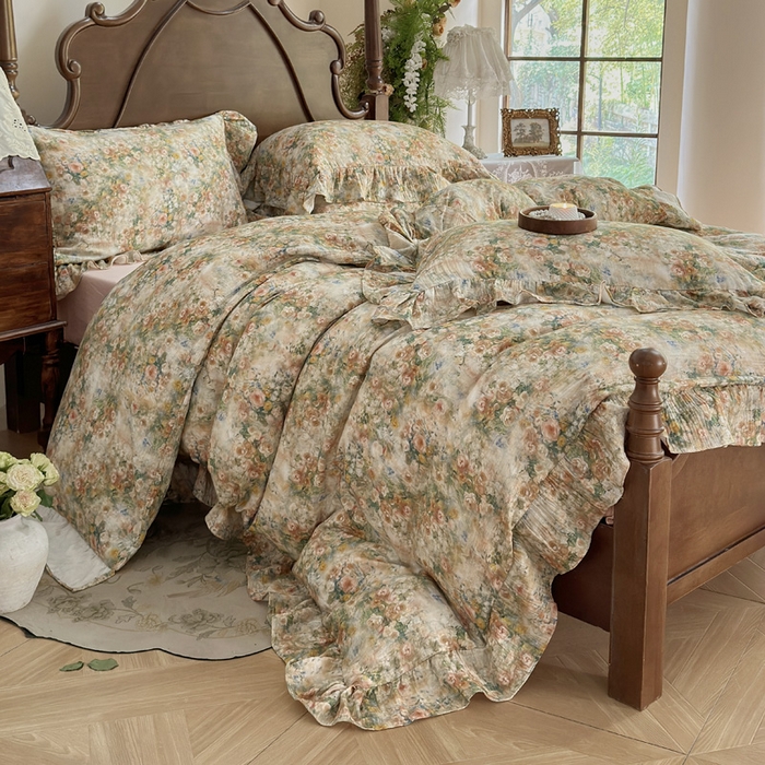 91家纺网 家纺一手货源 找家纺 木楌家居2025新款法式油画风全棉双层皱皱纱四件套 忘野集