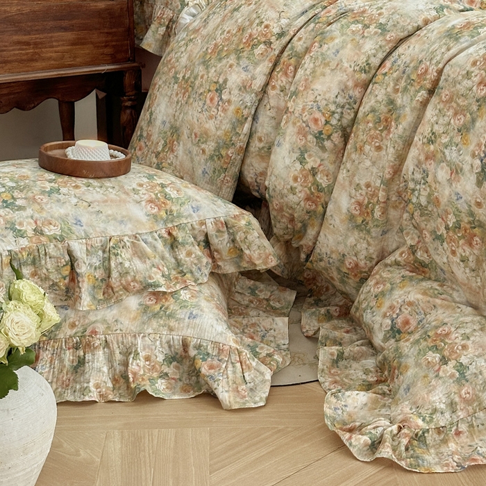 91家纺网 家纺一手货源 找家纺 木楌家居2025新款法式油画风全棉双层皱皱纱四件套 忘野集