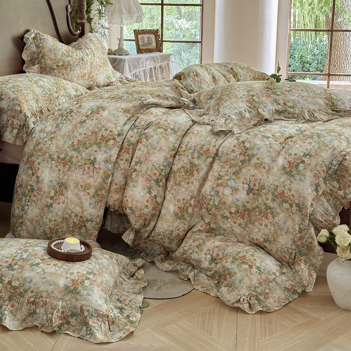 91家纺网 家纺一手货源 找家纺 木楌家居2025新款法式油画风全棉双层皱皱纱四件套 忘野集