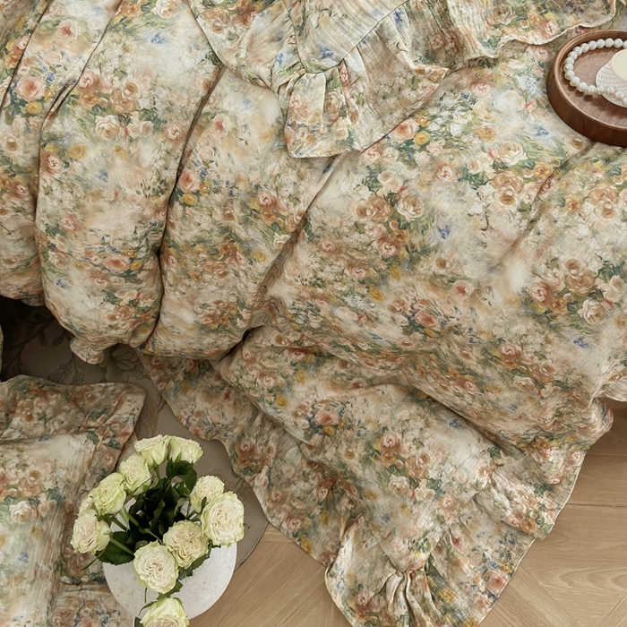 91家纺网 家纺一手货源 找家纺 木楌家居2025新款法式油画风全棉双层皱皱纱四件套 忘野集