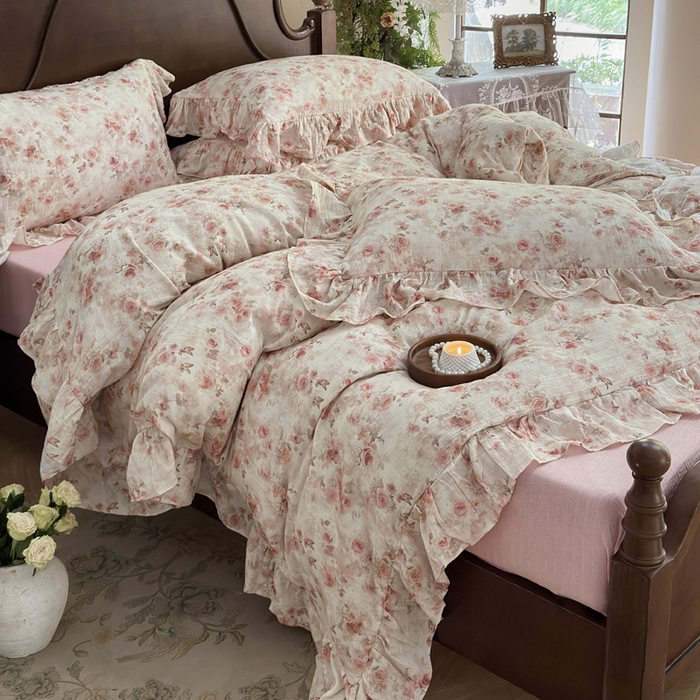 91家纺网 家纺一手货源 找家纺 木楌家居2025新款法式油画风全棉双层皱皱纱四件套 香蜜桃桃