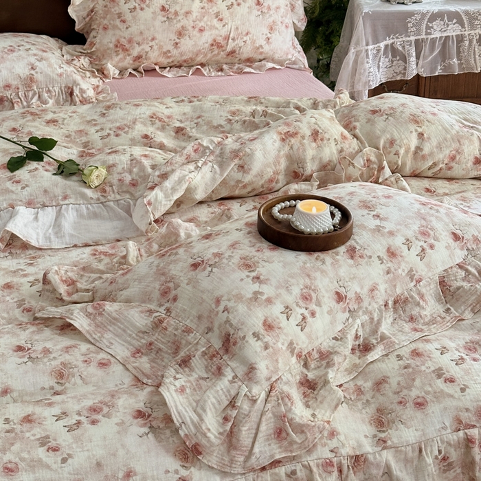 91家纺网 家纺一手货源 找家纺 木楌家居2025新款法式油画风全棉双层皱皱纱四件套 香蜜桃桃