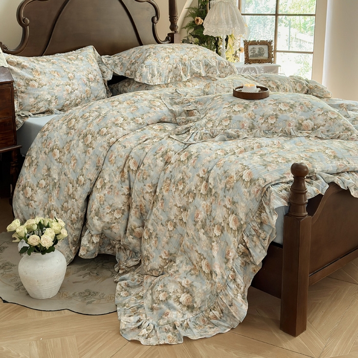 91家纺网 家纺一手货源 找家纺 木楌家居2025新款法式油画风全棉双层皱皱纱四件套 烟雨江南