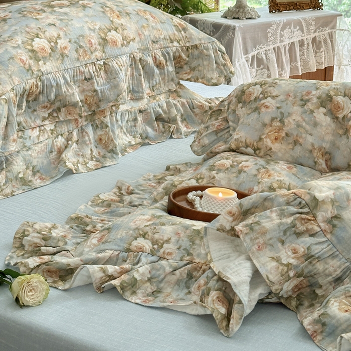 91家纺网 家纺一手货源 找家纺 木楌家居2025新款法式油画风全棉双层皱皱纱四件套 烟雨江南