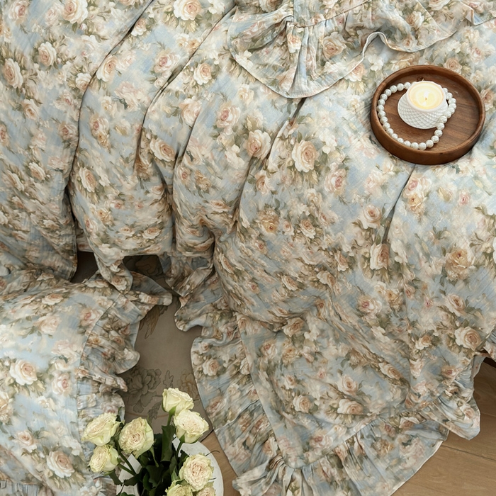 91家纺网 家纺一手货源 找家纺 木楌家居2025新款法式油画风全棉双层皱皱纱四件套 烟雨江南