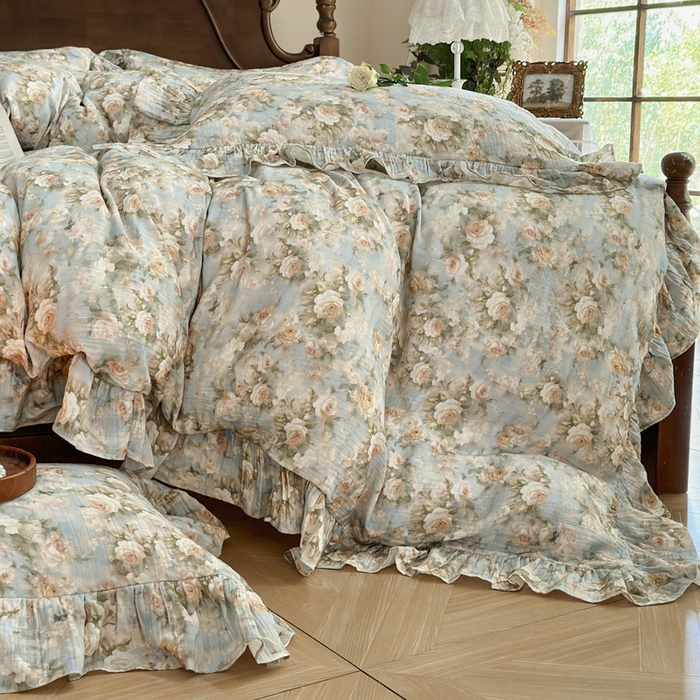 91家纺网 家纺一手货源 找家纺 木楌家居2025新款法式油画风全棉双层皱皱纱四件套 烟雨江南