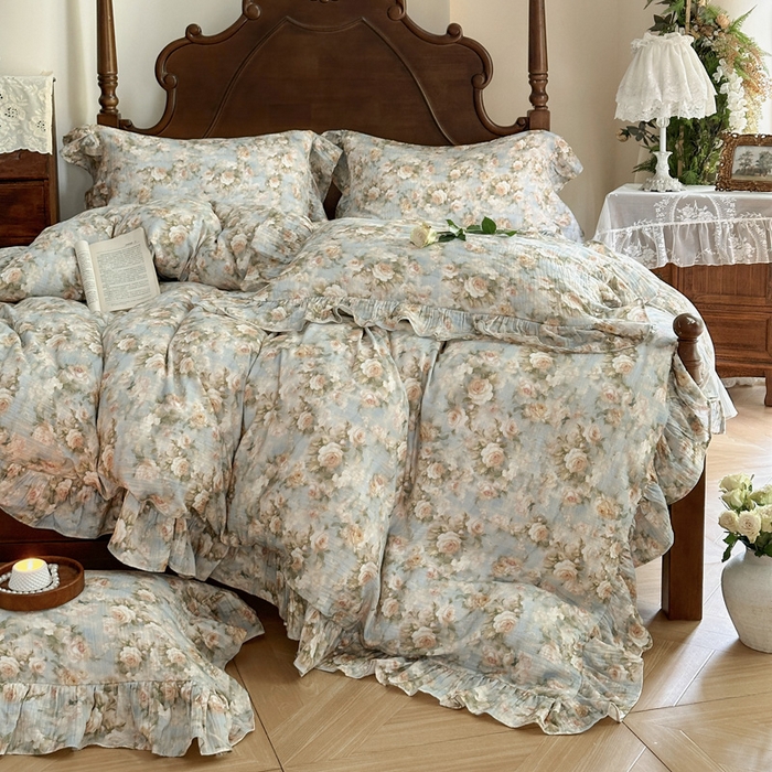 木楌家居2025新款法式油画风全棉双层皱皱纱四件套 烟雨江南