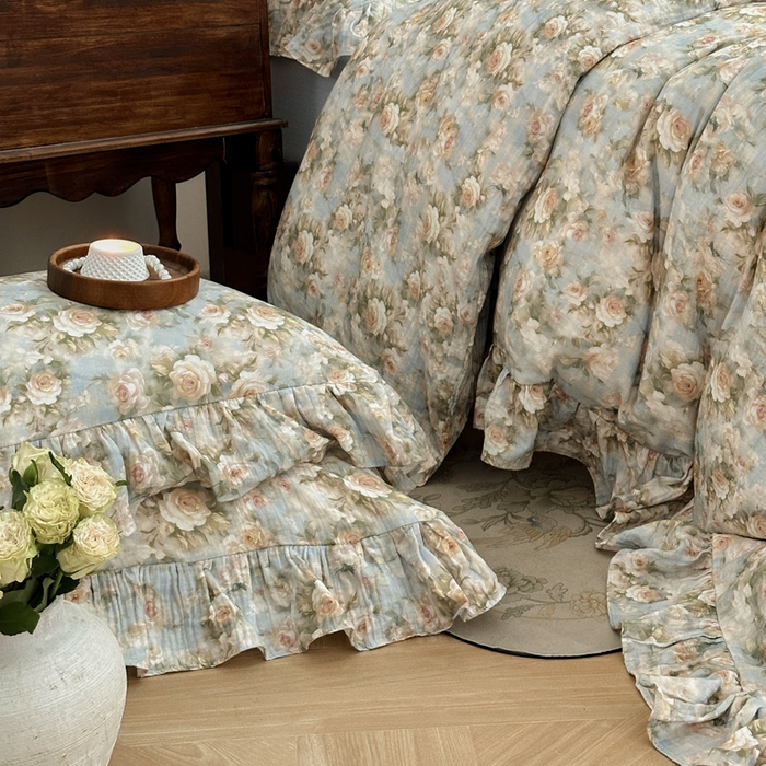 91家纺网 家纺一手货源 找家纺 木楌家居2025新款法式油画风全棉双层皱皱纱四件套 烟雨江南