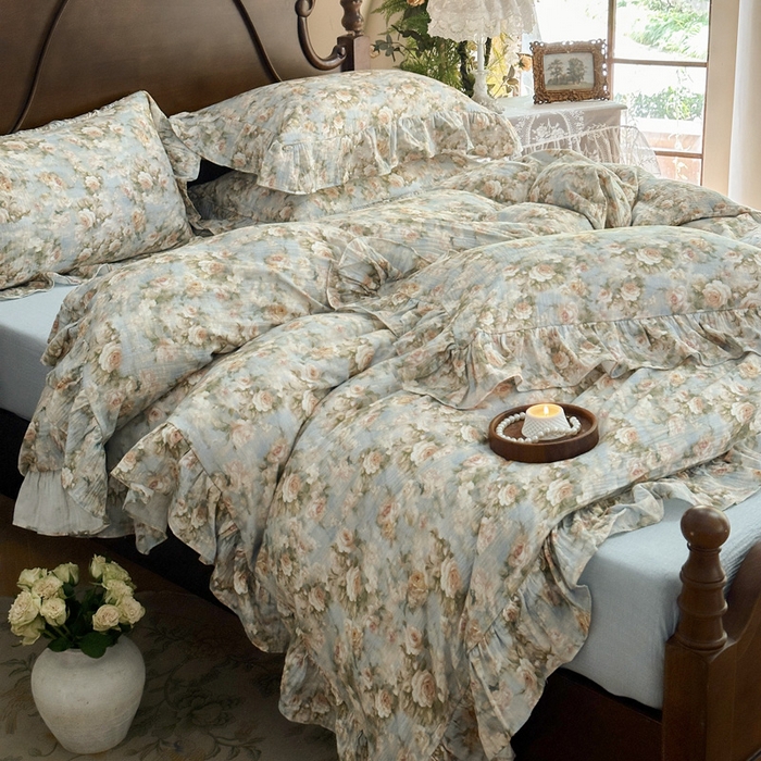 91家纺网 家纺一手货源 找家纺 木楌家居2025新款法式油画风全棉双层皱皱纱四件套 烟雨江南