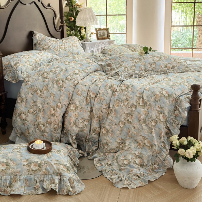 91家纺网 家纺一手货源 找家纺 木楌家居2025新款法式油画风全棉双层皱皱纱四件套 烟雨江南