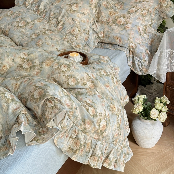 91家纺网 家纺一手货源 找家纺 木楌家居2025新款法式油画风全棉双层皱皱纱四件套 烟雨江南