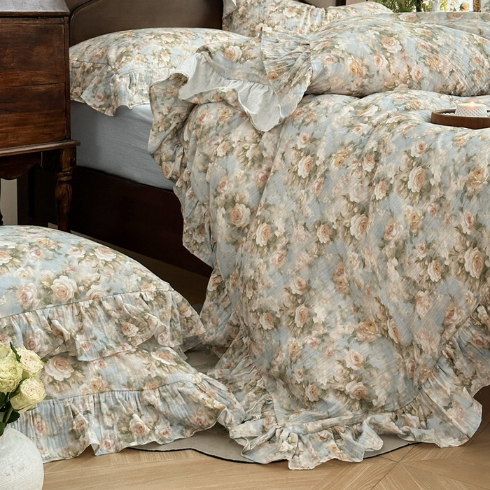 91家纺网 家纺一手货源 找家纺 木楌家居2025新款法式油画风全棉双层皱皱纱四件套 烟雨江南