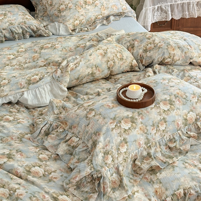 91家纺网 家纺一手货源 找家纺 木楌家居2025新款法式油画风全棉双层皱皱纱四件套 烟雨江南