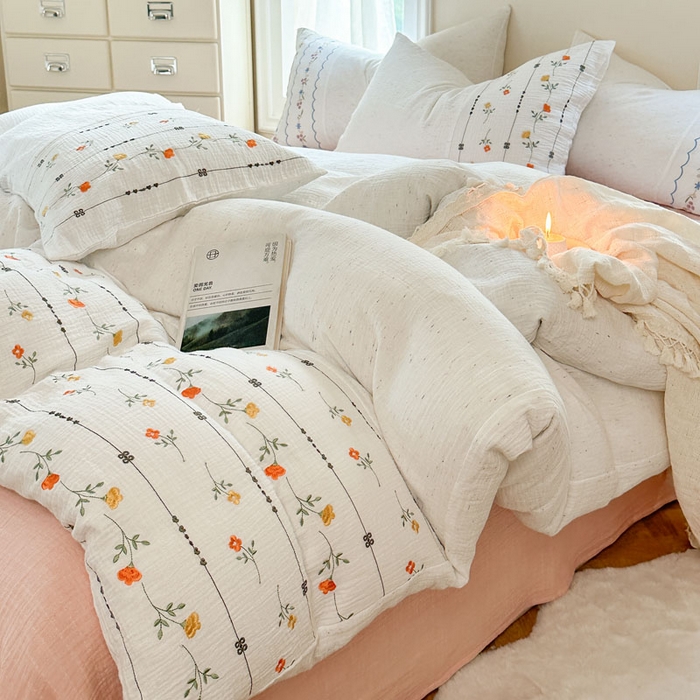 91家纺网 家纺一手货源 找家纺 （总）木楌家居2025新款全棉彩点皱皱纱绣花四件套