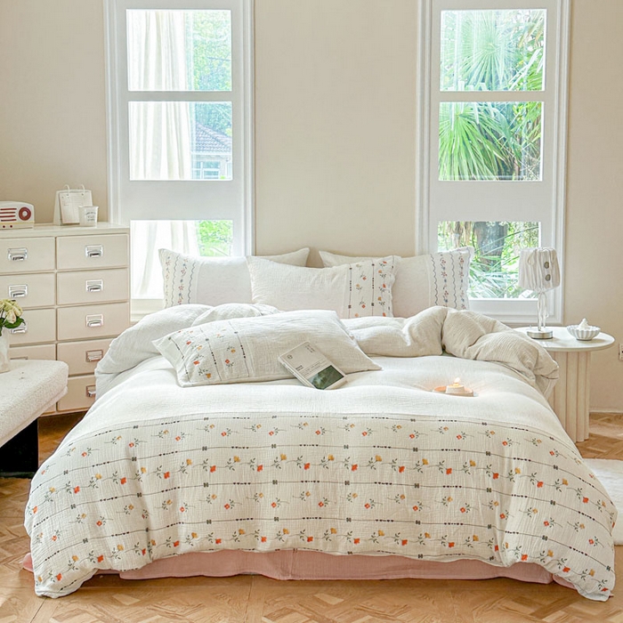 91家纺网 家纺一手货源 找家纺 （总）木楌家居2025新款全棉彩点皱皱纱绣花四件套