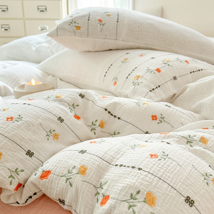 91家纺网 家纺一手货源 找家纺 （总）木楌家居2025新款全棉彩点皱皱纱绣花四件套