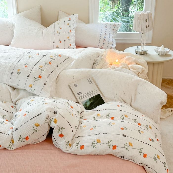 91家纺网 家纺一手货源 找家纺 （总）木楌家居2025新款全棉彩点皱皱纱绣花四件套