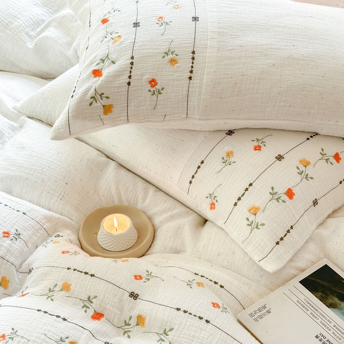 91家纺网 家纺一手货源 找家纺 （总）木楌家居2025新款全棉彩点皱皱纱绣花四件套