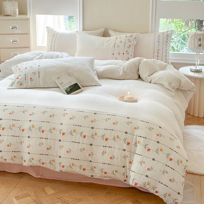 91家纺网 家纺一手货源 找家纺 （总）木楌家居2025新款全棉彩点皱皱纱绣花四件套