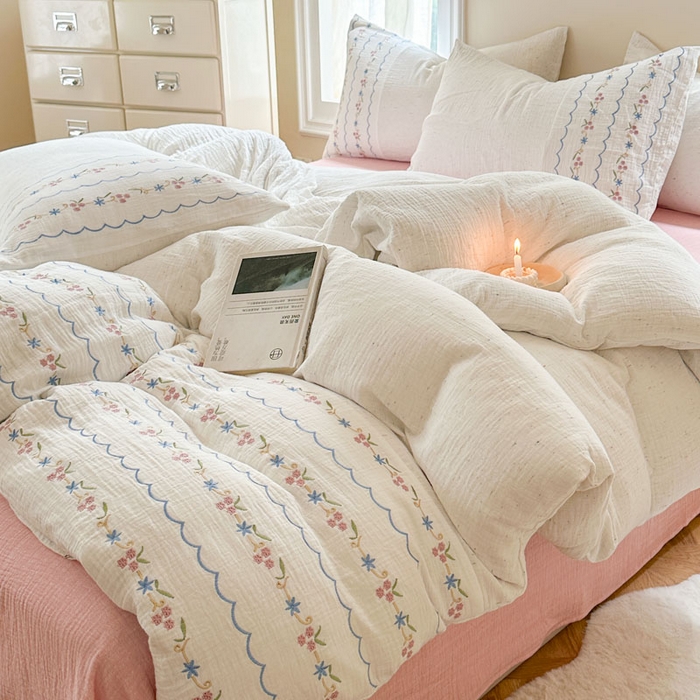 91家纺网 家纺一手货源 找家纺 木楌家居2025新款全棉彩点皱皱纱绣花四件套 星柠微糖