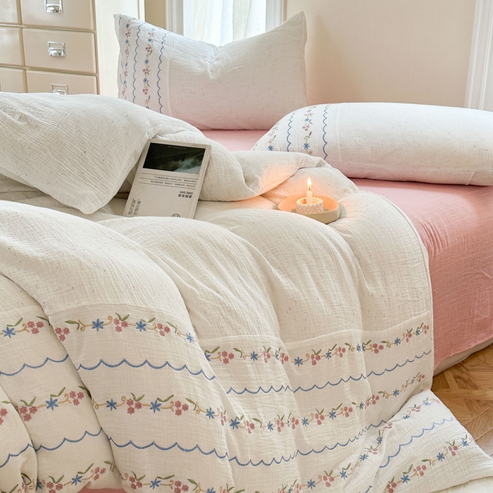 木楌家居2025新款全棉彩点皱皱纱绣花四件套 星柠微糖