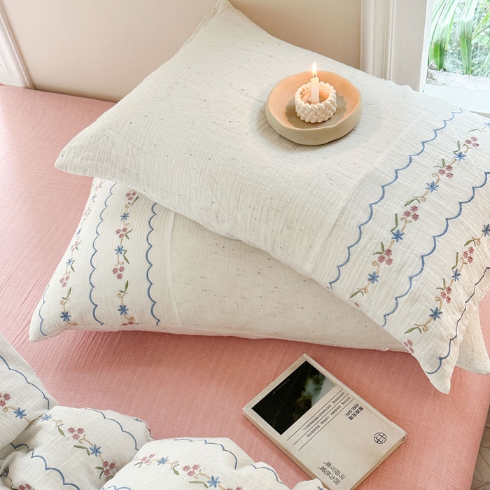 91家纺网 家纺一手货源 找家纺 木楌家居2025新款全棉彩点皱皱纱绣花四件套 星柠微糖