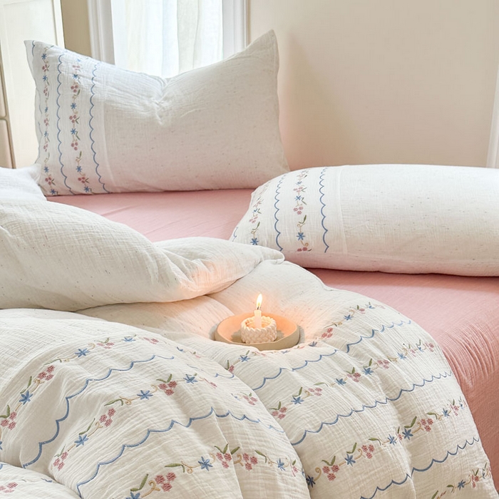 91家纺网 家纺一手货源 找家纺 木楌家居2025新款全棉彩点皱皱纱绣花四件套 星柠微糖