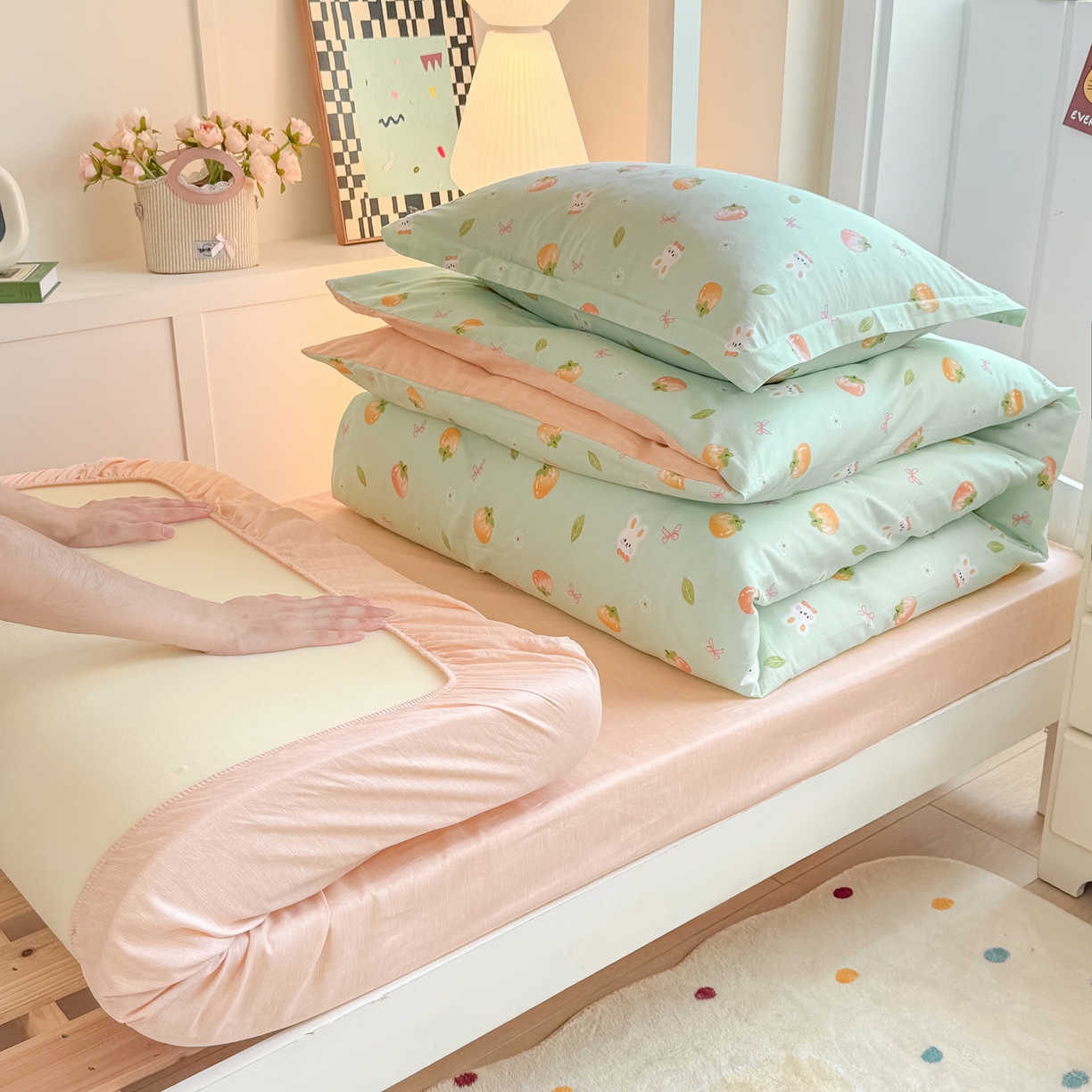 91家纺网 家纺一手货源 找家纺 优姿家纺 2025新款A类13372全棉纯棉学生宿舍三件套上下铺三件套 果觅兔