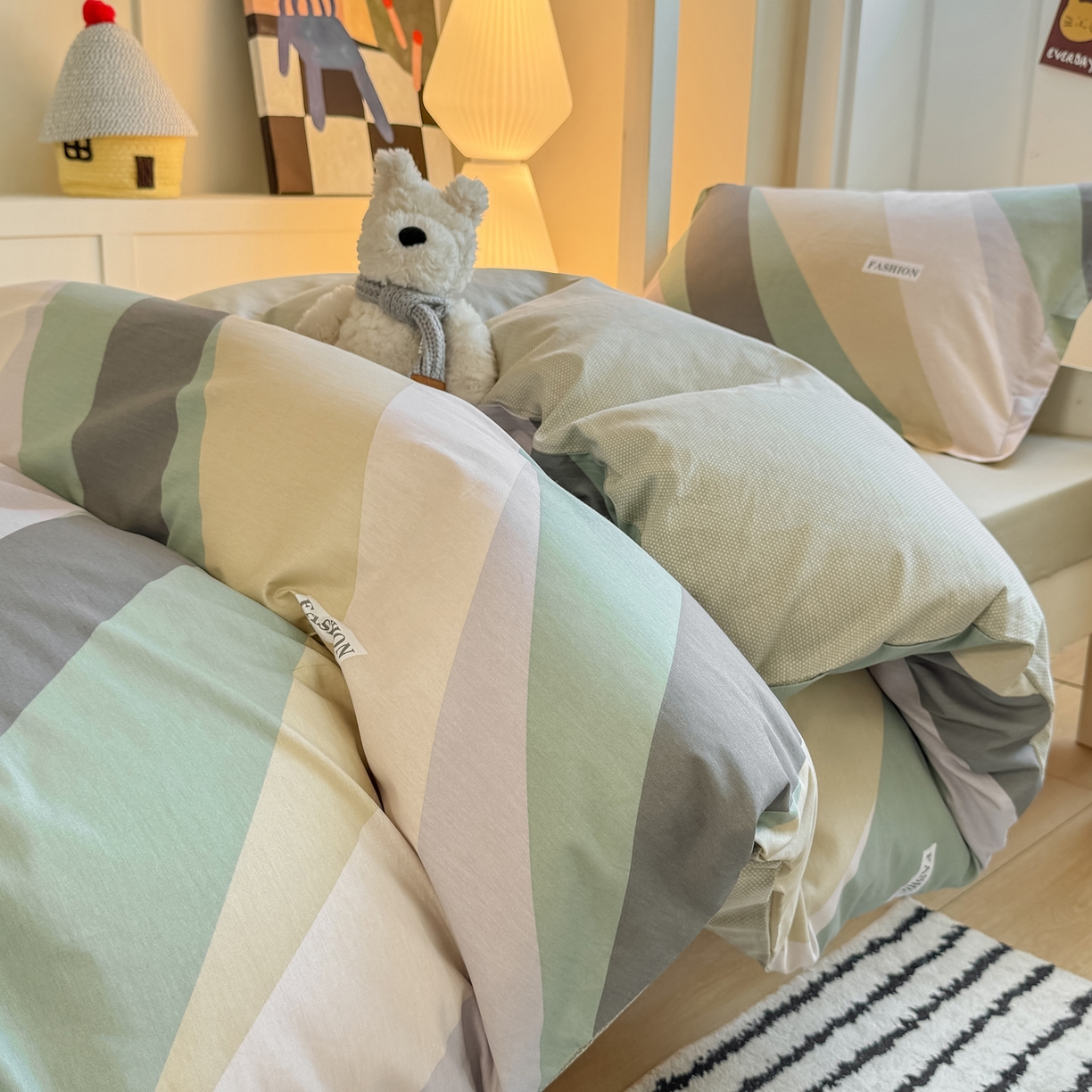 91家纺网 家纺一手货源 找家纺 优姿家纺 2025新款A类13372全棉纯棉学生宿舍三件套上下铺三件套 卡萨诺