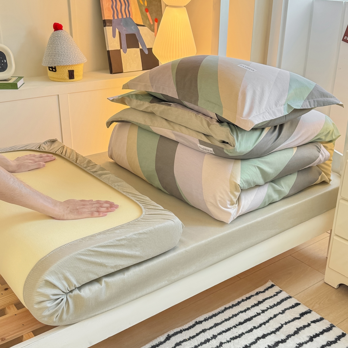 91家纺网 家纺一手货源 找家纺 优姿家纺 2025新款A类13372全棉纯棉学生宿舍三件套上下铺三件套 卡萨诺